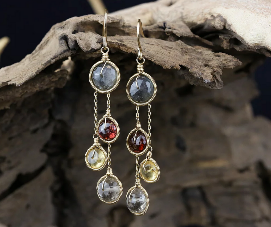 Labradorite, Citrine, Garnet & Rutilated Quartz Earrings